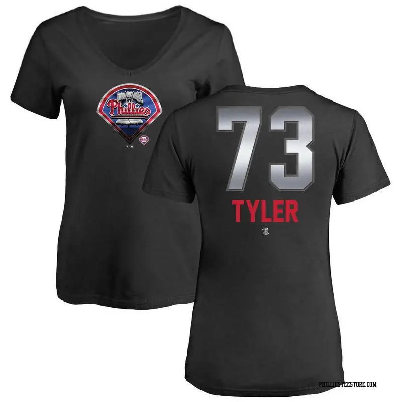 Women's Philadelphia Phillies ＃73 Kyle Tyler Black Midnight Mascot V-Neck T-Shirt