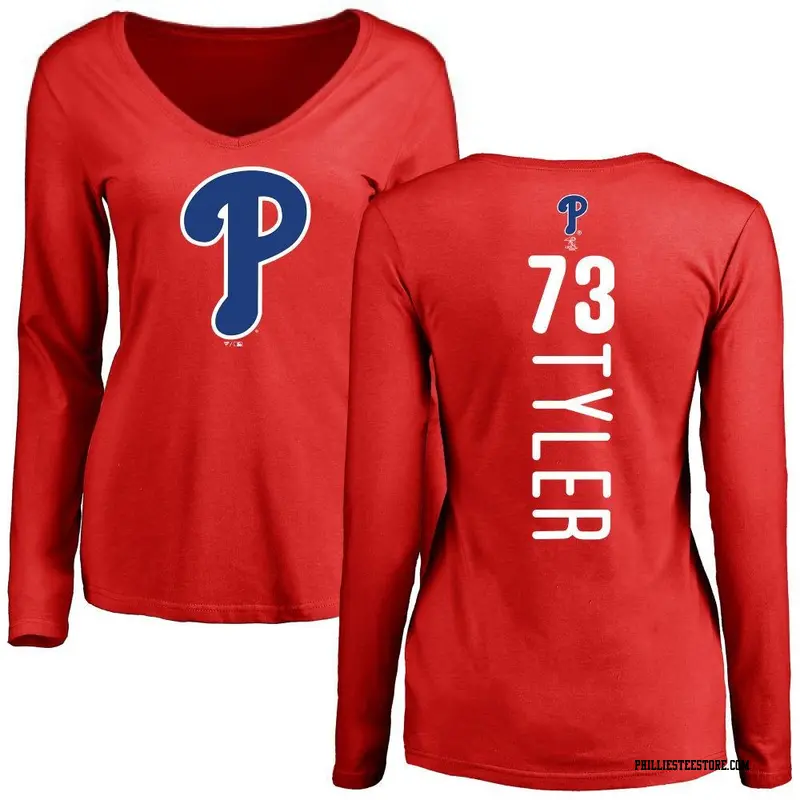 Women's Philadelphia Phillies ＃73 Kyle Tyler Red Backer Slim Fit Long Sleeve T-Shirt