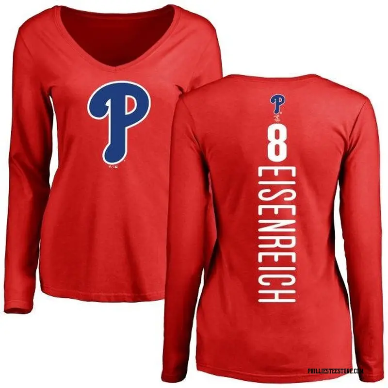 Women's Philadelphia Phillies ＃8 Jim Eisenreich Red Backer Slim Fit Long Sleeve T-Shirt