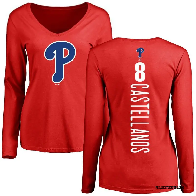 Women's Philadelphia Phillies ＃8 Nick Castellanos Red Backer Slim Fit Long Sleeve T-Shirt